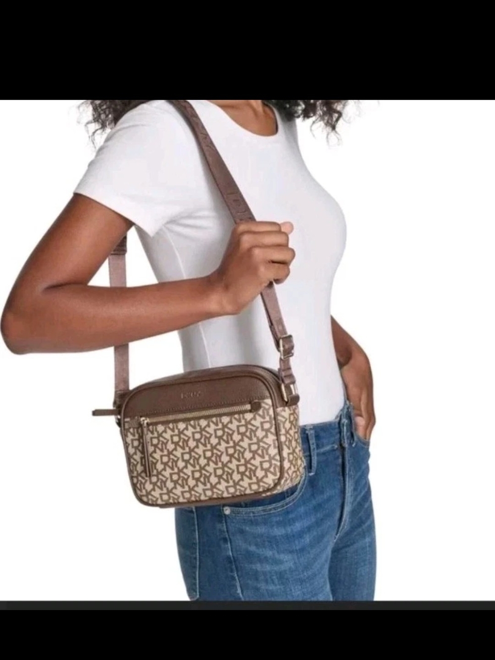 Crossbody Bag DKNY Women's Brown Zipper Adjustable Logo Front Pocket New